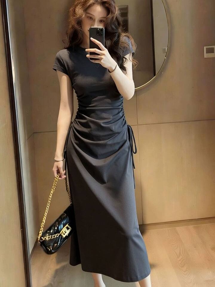 Đầm liền thân tay ngắn cổ polo dáng chữ A chiết eo tôn dáng — Xám đậm [Phiên bản nâng cấp cao cấp], Đen [Phiên bản nâng cấp cao cấp] chi tiết 5