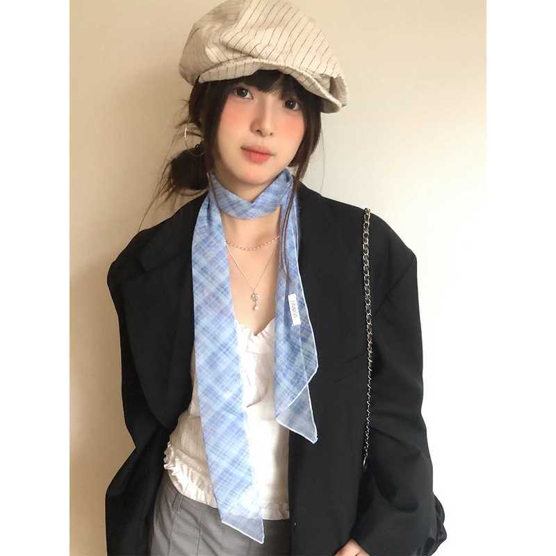 韩系高级感蓝色格纹丝巾女长条薄款网纱系脖围巾百搭领巾飘带配饰|undefined