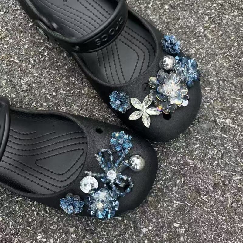 Little Red Book Same Style Blue Crystal Firework Shoe Flower, High-End Rhinestone DIY Decoration Accessories for Crocs Shoes