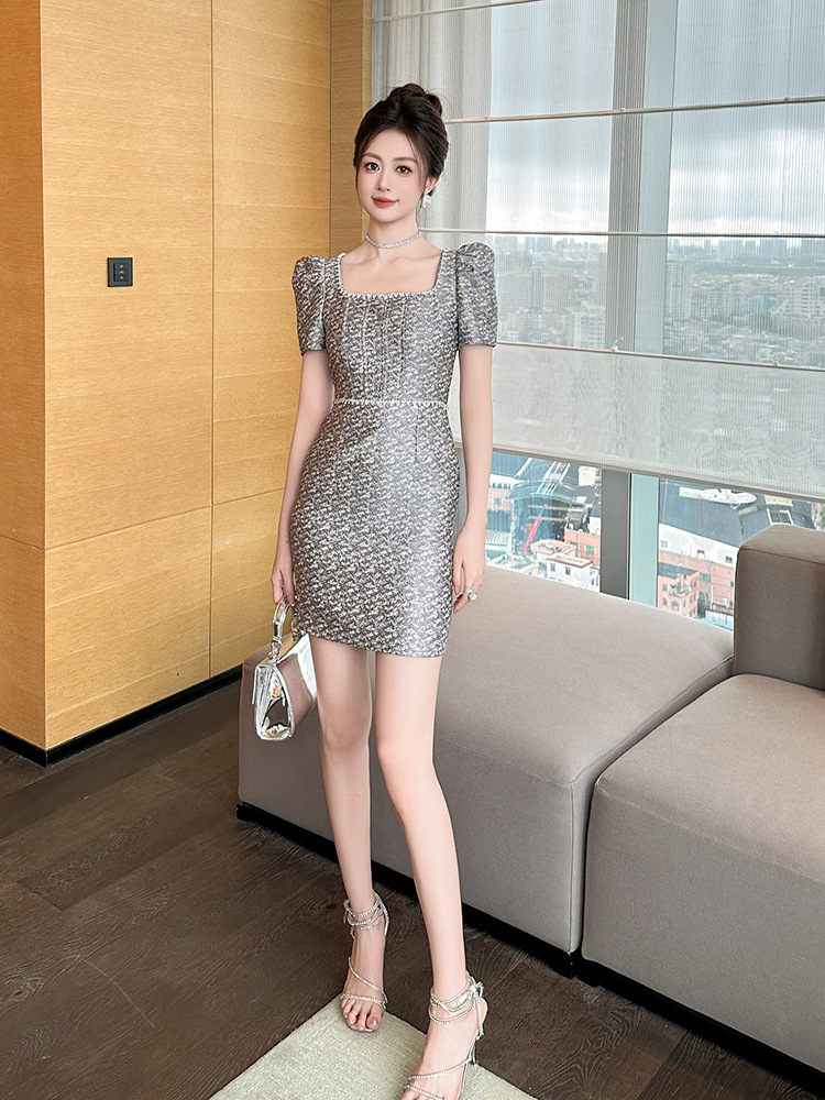 Đầm suông nữ midi cổ vuông tay ngắn phong cách retro ôm eo — Màu xanh xám