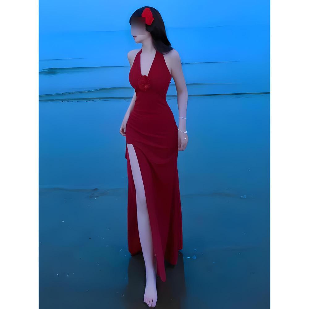 여름 여성을 위한 프렌치 하이엔드 홀터넥 드레스, 새로운 스타일, 캐주얼한 기질, 슬릿, 하이웨이스트, 슬리밍, 힙 커버 롱 스커트