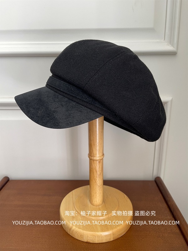 栗子拿铁~2025新款秋冬毛呢pu皮拼接贝雷帽女气质复古时尚八角帽|undefined