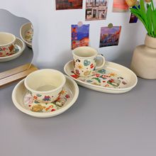 自制ins韩风奶茶系列油画版萌宠早餐盘餐盘饭碗甜品盘早餐奶茶杯