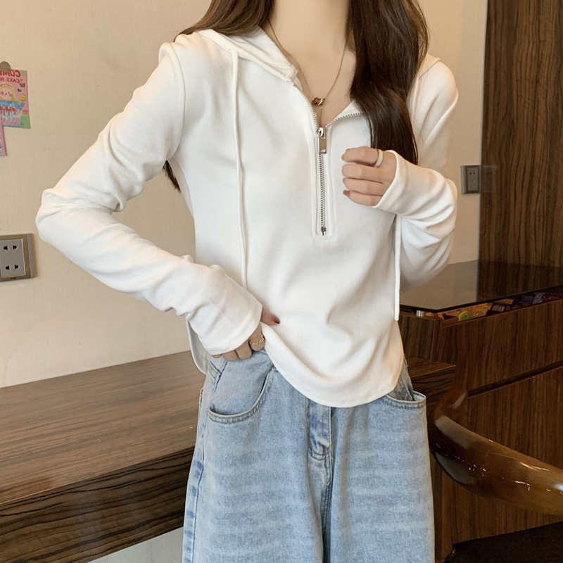 白色连帽长袖t恤女秋季小众独特别致设计感短款上衣内搭打底衫|undefined
