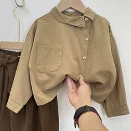 韩版春秋男女童复古不对称小翻领衬衫春秋季休闲直筒长裤套装6