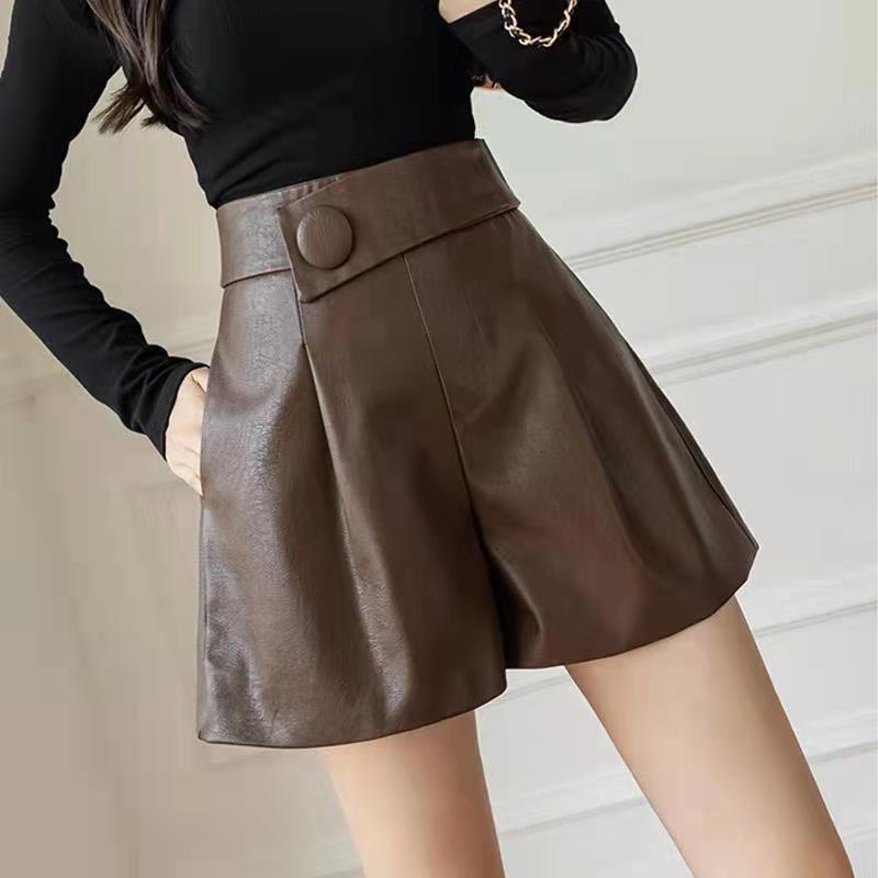 Korean Style Pu Leather Shorts for Women, New Autumn and Winter Versatile Casual Loose High-Waisted A-Line Slimming Wide-Leg Pants for Outerwear