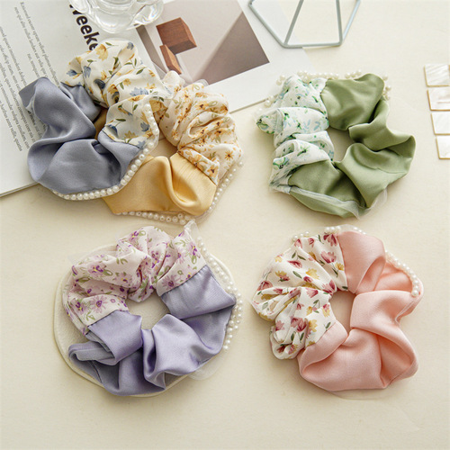 Summer sweet color-blocked floral fabric satin large intestine hair tie hair accessory for women's back ponytail rubber band hair rope