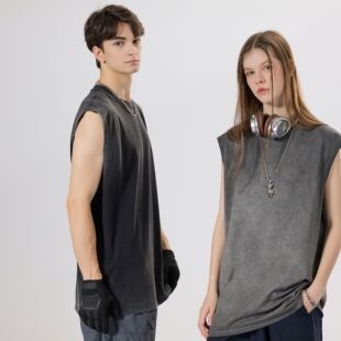 280g Double Yarn Pure Cotton American High Street Washed Old Leisure Sports Vest Trendy Fried Color Sleeveless Loose Top