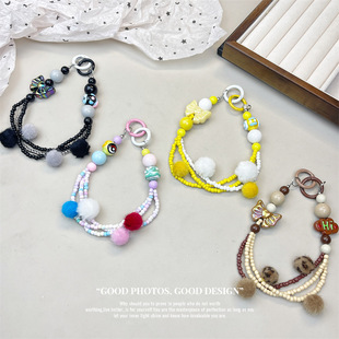 Autumn and winter leopard print fur ball lanyard mobile phone anti-lost chain bag bag pendant keychain girl heart beaded blind box chain