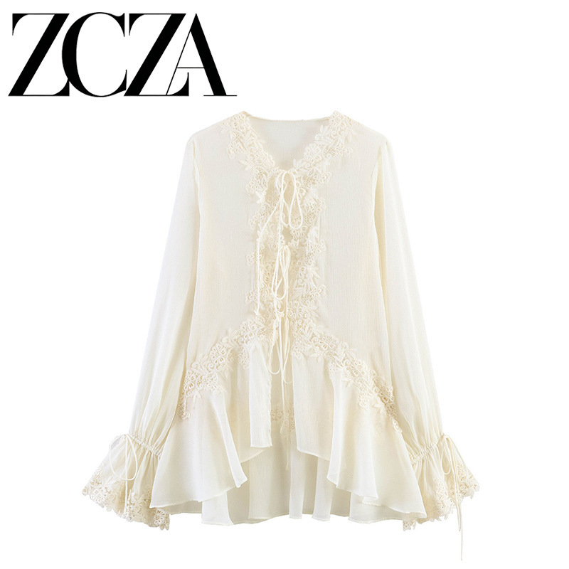 Zcza Self-Made European and American Style New Women's Fashion Versatile Cross-Border Style Patchwork Flowy Lace Shirt Zcza Self-Made European and American Style New Women's Fashion Versatile Cross-Border Style Patchwork Flowy Lace Shirt