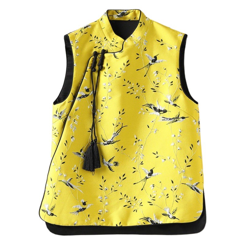 Amarillo SEDA-como brocado chaleco primavera de las Mujeres Nuevo diseño original retro bordado estilo chino hebilla superior