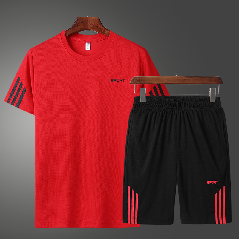 Trajes deportivos para hombres, hielo, correr, secado rápido, ropa de hombre, pantalones cortos de mangas cortas con una hermosa malla, un conjunto completo de ropa de verano.