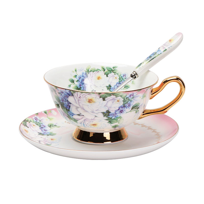 Estilo europeo elegante flor hueso China taza de café y platillo de alta gama oro británico tarde té conjunto luz lujo flor taza de té caja de regalo