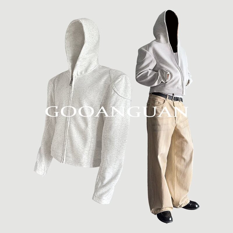 American-Style Regular Shoulder Hooded Sweatshirt Jacket for Men, Autumn Heavy-Duty Structured Cleanfit Hoodie, Stylish Biker Jacket