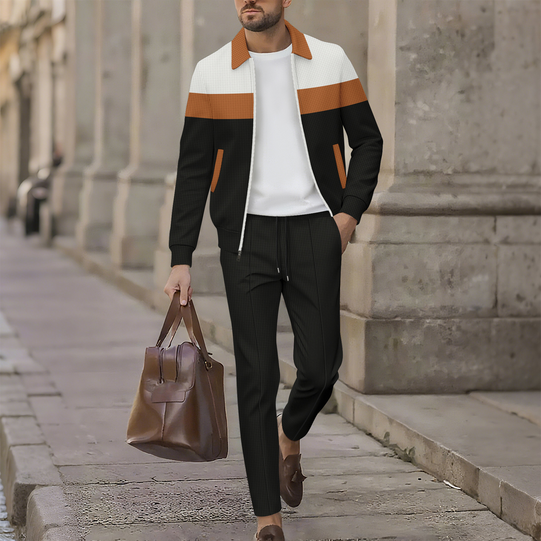 Men's Casual Color Block Waffle Knit Jacket And Trousers Set Spring Autumn New Men's Clothing_voghion.com
