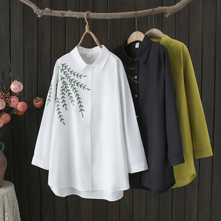 2025 Spring Leaf Embroidered Shirt Long plus size Women's Cardigan National Style Retro 200 Jin Shirt Fat Girl 655
