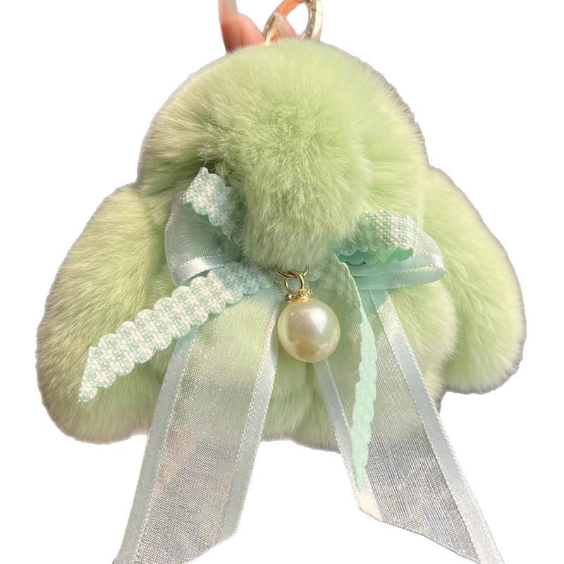 Cute conejo real peludo arco perla pequeño conejo llavero de coche colgante muñeca de peluche bolsas colgante