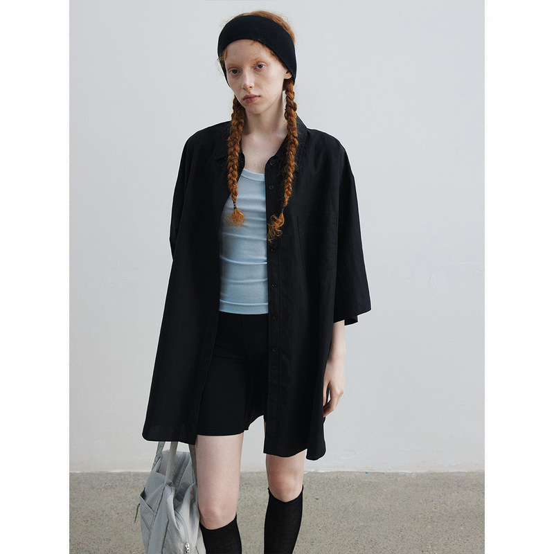 [Daihe] Summer New Casual Lapel Single-breasted Lyocell Patch Bag Loose Large Profile Shirt H8508