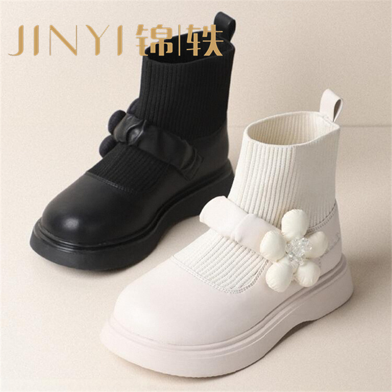 真皮童鞋儿童弹力靴子冬季加绒皮靴新款小女孩公主靴女童时尚袜靴