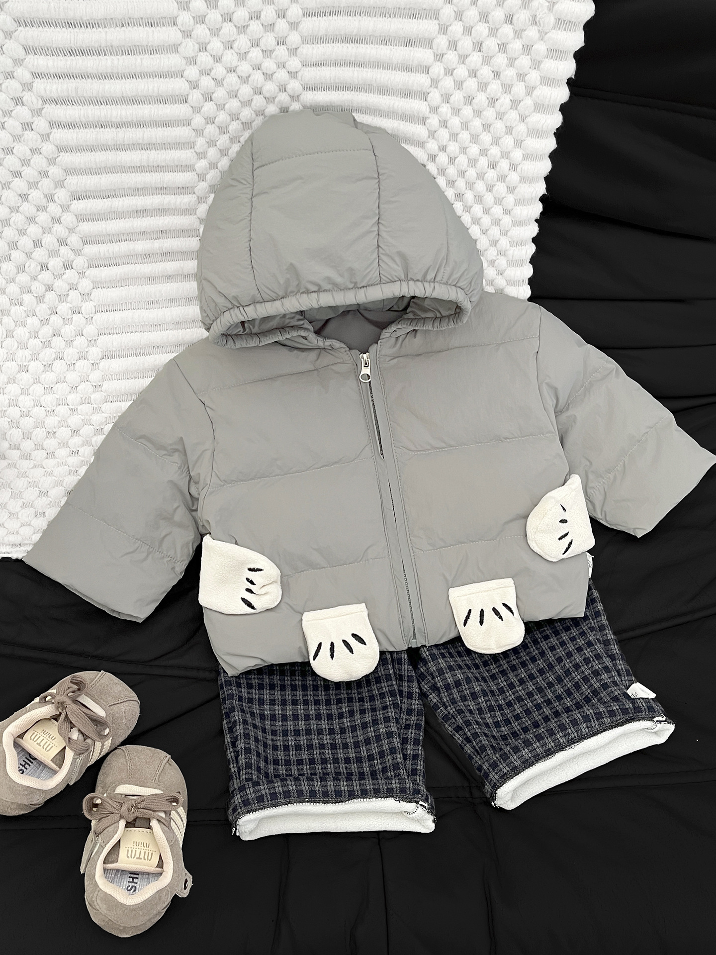 Baby invierno chaqueta de plumón super lindo bebé caricatura oso con sombrero blanco chaqueta de invierno chaqueta de calor