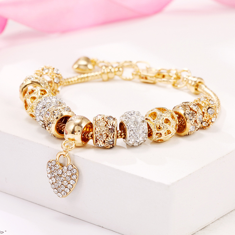 Fashionable Gold Heart Pendant DIY Charm Bracelet Pan Women's Party Bangle