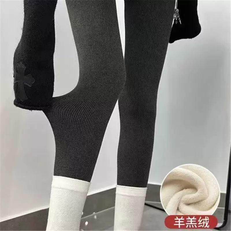 加绒打底裤秋冬女显瘦螺纹竖条纹棉裤子外穿保暖裤加厚羊羔绒秋裤