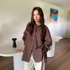 广州十三行2025秋韩系气质通勤宽松前短后长纯色长袖衬衫女02712