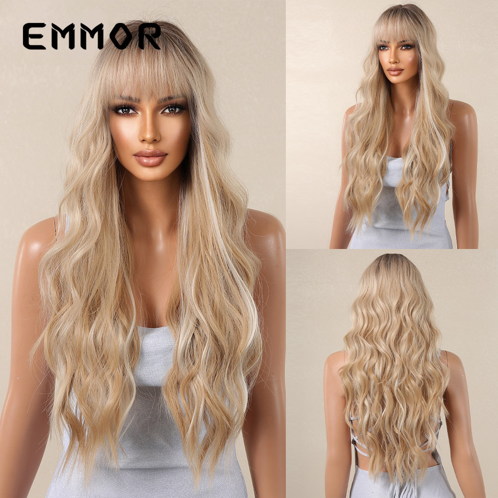 Peluca de color claro con flequillo Marrón Gradiente oro cubierta de la cabeza completa grupo de mujeres cos gran ola de moda europea y americana cabello natural