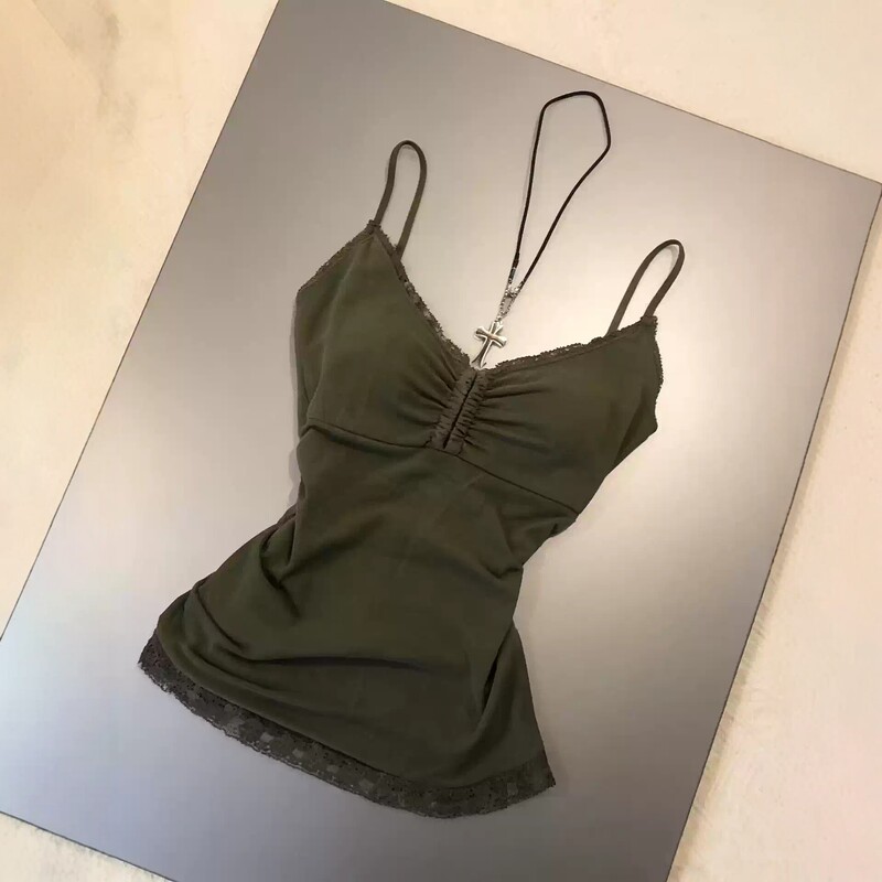 Olive Green Lace Patchwork V-Neck Camisole for Women, New Summer Style, Slim Fit, Beautiful Back, Sexy Inner Wear Top Olive Green Lace Patchwork V-Neck Camisole for Women, New Summer Style, Slim Fit, Beautiful Back, Sexy Inner Wear Top