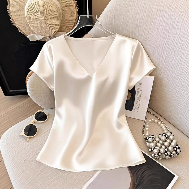 European and American Foreign Trade Amazon Best-Selling Fashionable Simple Casual Satin Tops Women's Short-Sleeved Shirts Exclusively for Cross-Border Sales European and American Foreign Trade Amazon Best-Selling Fashionable Simple Casual Satin Tops Women's Short-Sleeved Shirts Exclusively for Cross-Border Sales