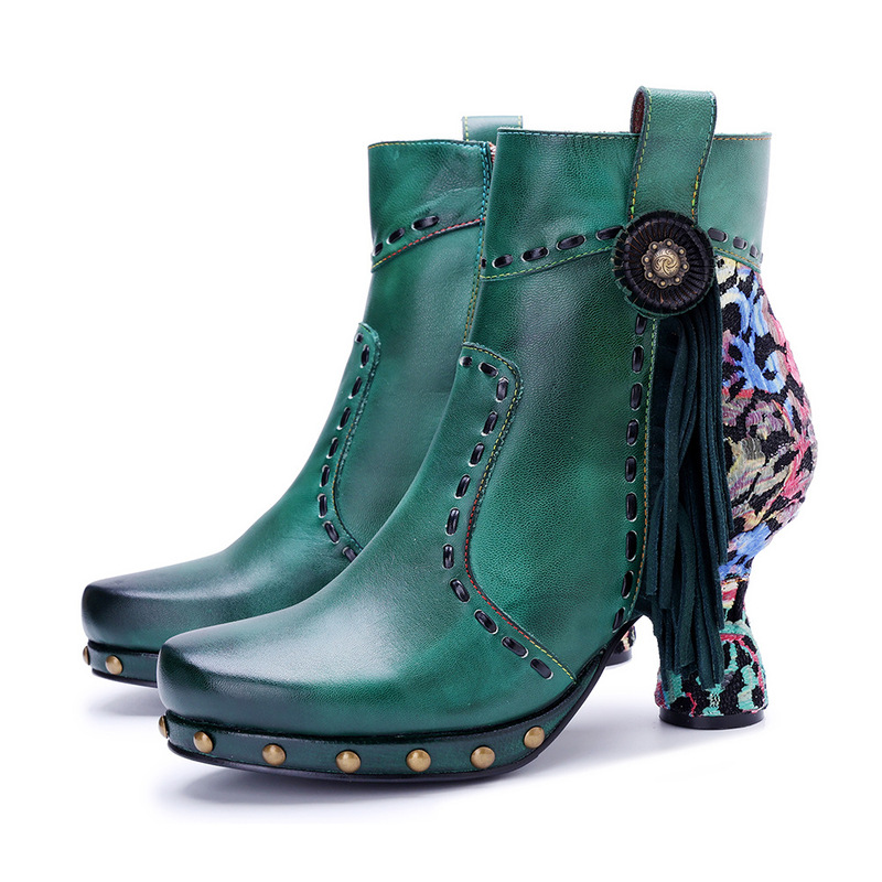 2024 Autumn and Winter New Cross-Border European and American Style Hand-Rubbed Genuine Leather Splicing Printed Tassel Fashionable Women's Boots