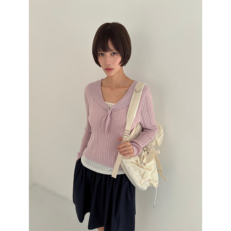 [Clearance, No Returns] Navy Collar Knitted Sweater for Women 2026 Spring Bow Tie Long Sleeve Casual Top 1196