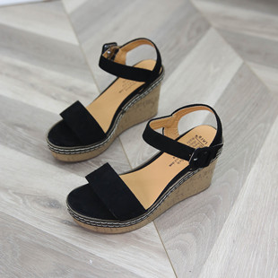 Korean Style Wedge Heel Women's One-Line Buckle Suede Heel Sandals Solid Color Open Toe Thick Sole Waterproof Platform Fish Mouth Shoes Women's Shoes