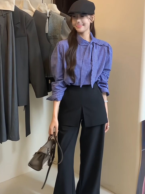 春季新款小众丁达尔设计感格子衬衫西裤套装阔腿裤长裤两件套新款|undefined