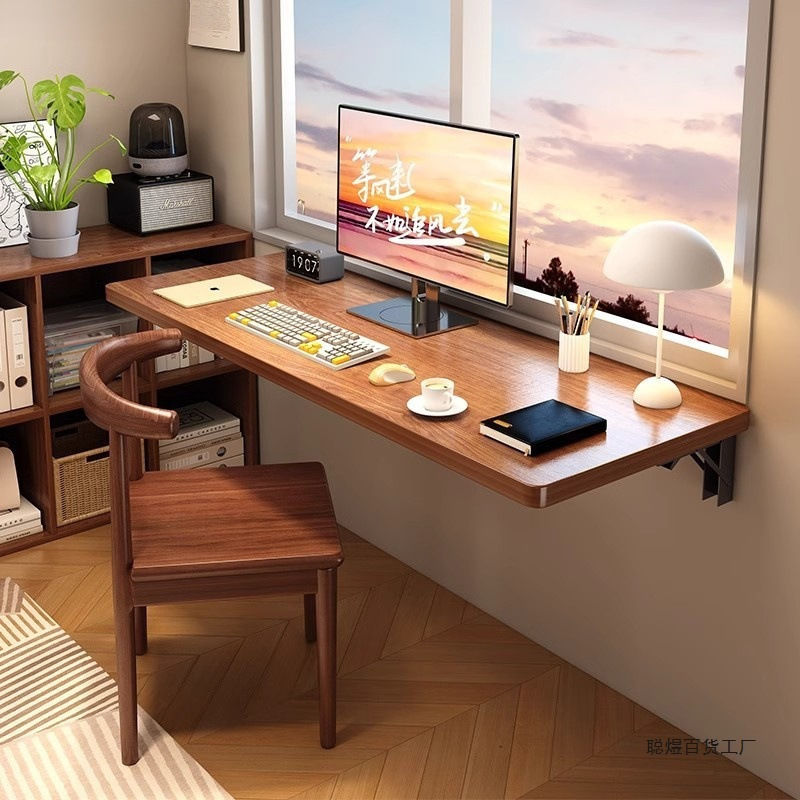 Solid Wood Wall Folding Table Storage Rack Wall Panel Straight Bar Punch-Free Wall Hanging Desk Study Table