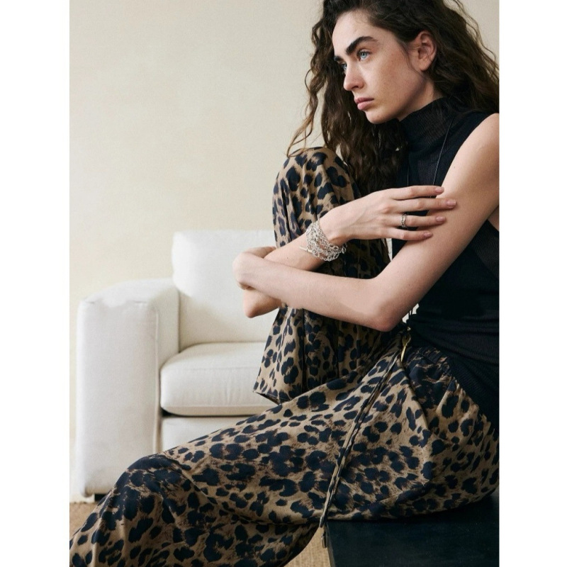 Snow Leopard Print Pants, Double Crepe Silk, Flowy Paris Leopard Print Fishtail Skirt, Long Pants, Casual Air Pants