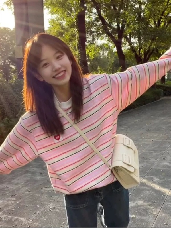 复古粉色条纹设计感纯棉长袖t恤女秋季氛围感宽松百搭情侣上衣ins|undefined
