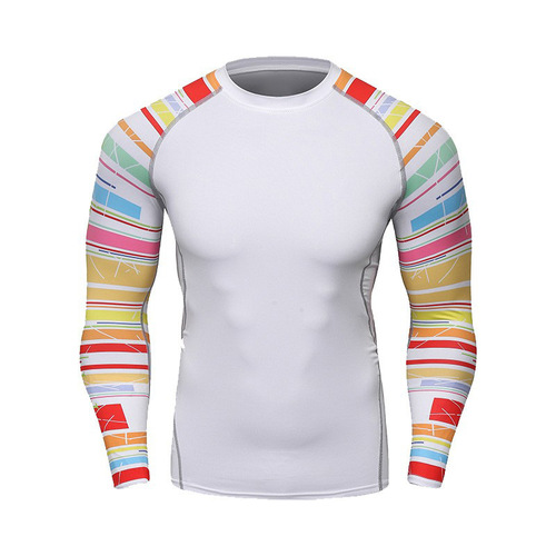 New moisture-absorbent and breathable printed tights long-sleeved compression running T-shirt men's fitness wear A038