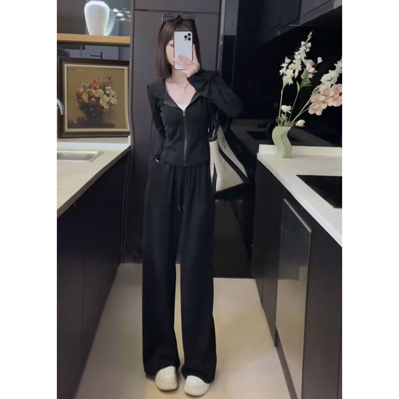 高含棉小个子休闲套装女2025年春秋季新款连帽卫衣阔腿裤两件套潮|undefined
