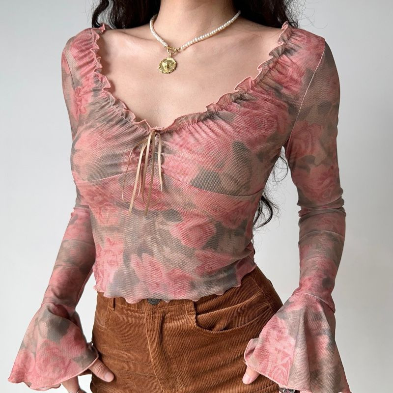 French Vintage Rose Print Mesh V-Neck Trumpet Sleeve Top Women's Fashionable All-Match Short Slim Long-Sleeved T-Shirt