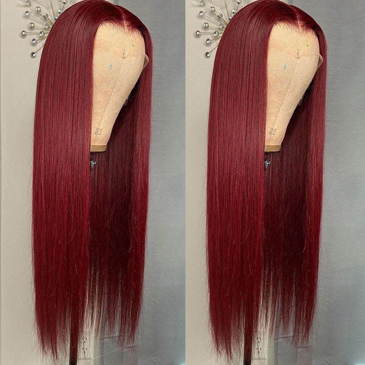 Front Lace Real Hair Wig 99j Straight human hair wig wine red Wig Headgear