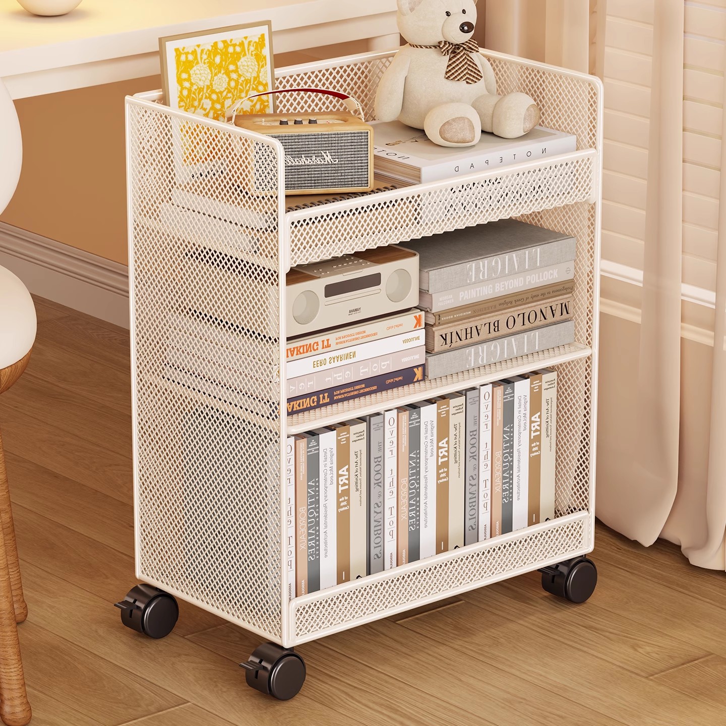 可移动桌边侧边收纳小书架儿童学习桌下置物架办公室储物小推车