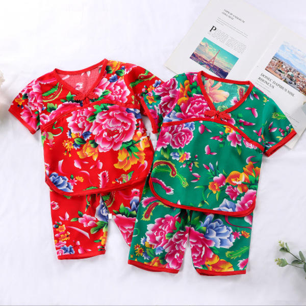 New Summer Short-sleeved Children's Cotton Silk Air-conditioning Clothing for Boys and Girls Home Clothes Artificial Cotton Large Floral Cloth suit Pajamas Thin