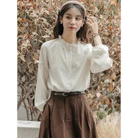 立领木耳衬衫女早秋盐系穿搭2025年新款内搭打底衫法式长袖上衣