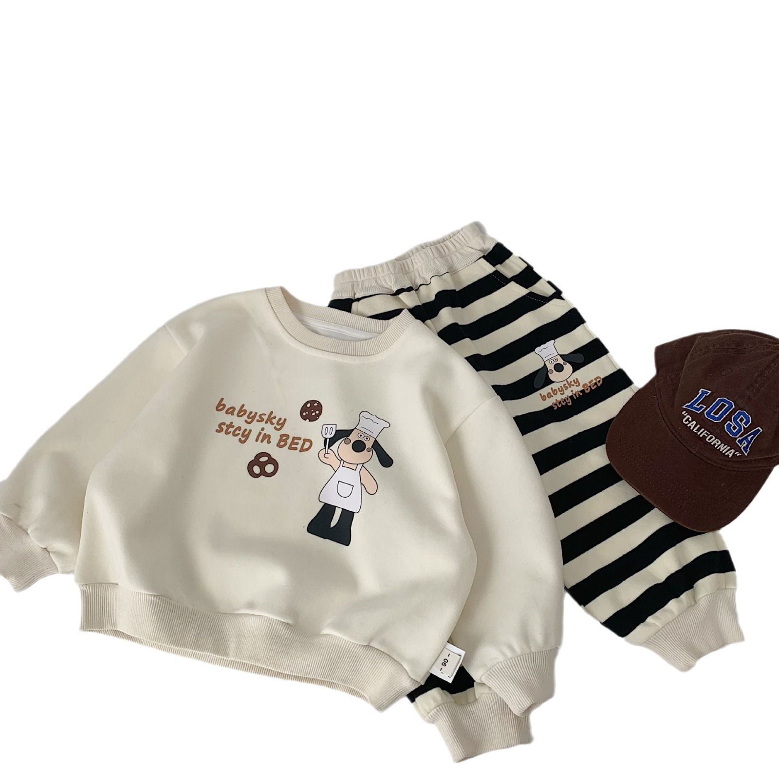 Maibao traje infantil de primavera suéter de dibujos animados para niños y niñas pantalones casuales a rayas nuevo conjunto de dos piezas