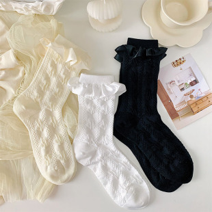 White Ribbon vertical stripes twist socks for women ins spring and summer Japanese sweet Lolita lace princess mid-calf socks fashion