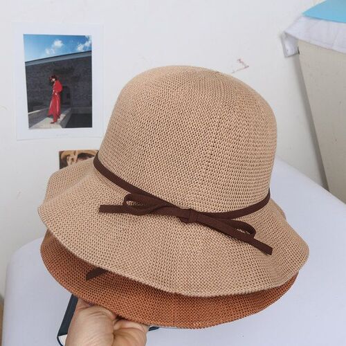 Butterfly knot strap fisherman hat, women's grass hat, Japanese style small brim summer outing versatile sun protection hat for girls and boys, spring