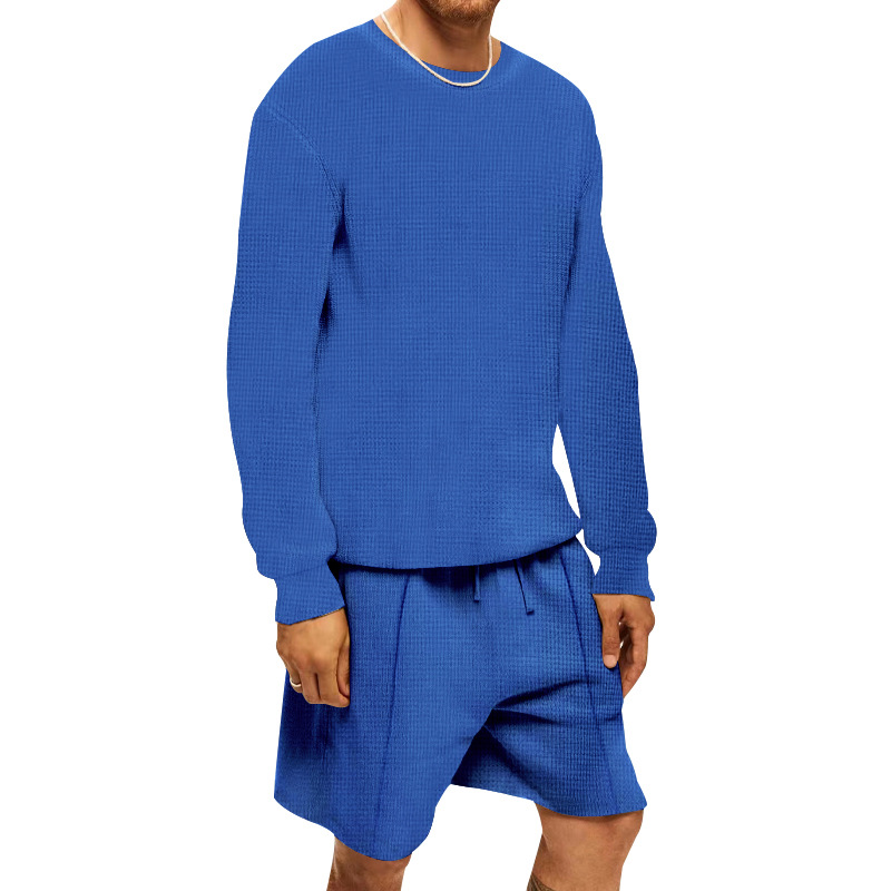 Estación independiente Camiseta europea y americana de manga larga de gofres verano traje deportivo casual de los hombres pantalones cortos de manga larga conjunto de dos piezas de los hombres