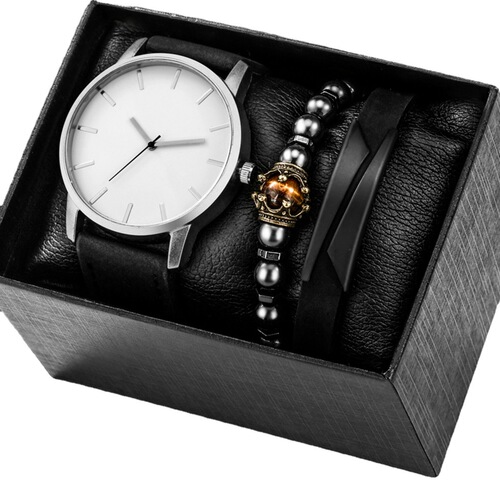 Men's simple, fashionable and casual men's belt quartz watch + crown tiger eye bracelet + titanium alloy bracelet set