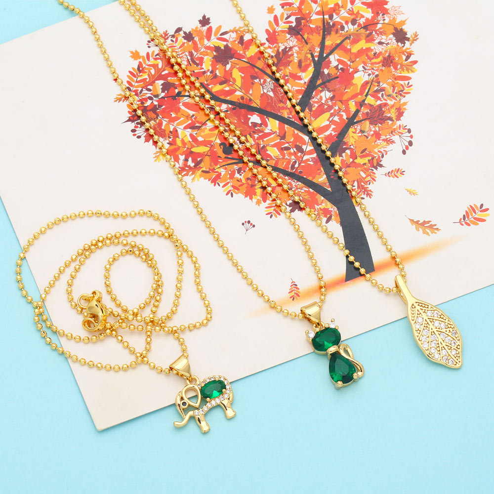 Fashion Leaf Elephant Copper Pendant Necklace Inlay Zircon Copper Necklaces